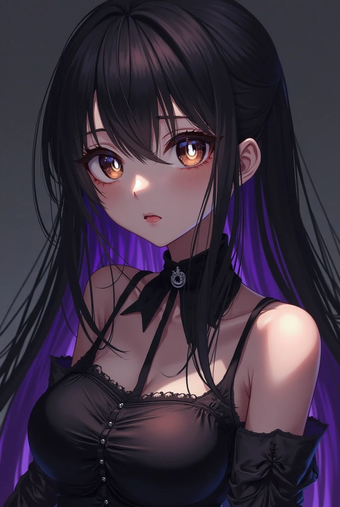 Kizi, black anime eyes, pale skin frowning face, black hair with two long straight ponytails, black corset with purple lace and black and purple skirt, anime styling.