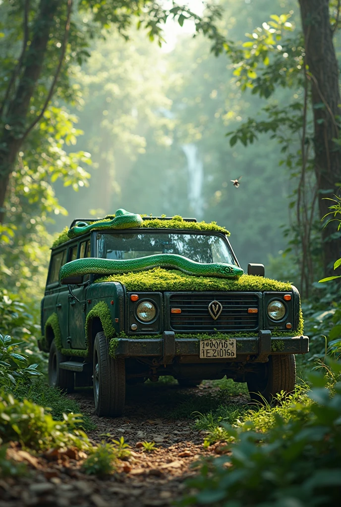 in the rain forest there a beutifull lady with big big ass her have elf ears and using modern sun glass and her make pose near tree with cool car