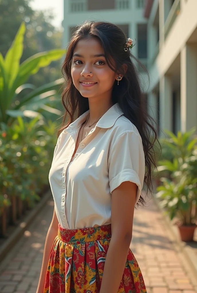 Indian girl on the balcony, straight long hair, beautiful face, radiant smile, sun shine, morning time, 4k picture,