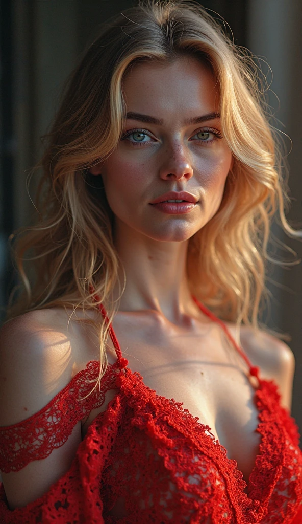 1 female, intense light blonde hairintense light blonde, straight hair, blue eyes, delicate face, pale skin, young, Smile, red dress, natural medium breasts, low neck, Cowboy Shot, Shapely breasts, Surreal beauty, charming beauty, 8k