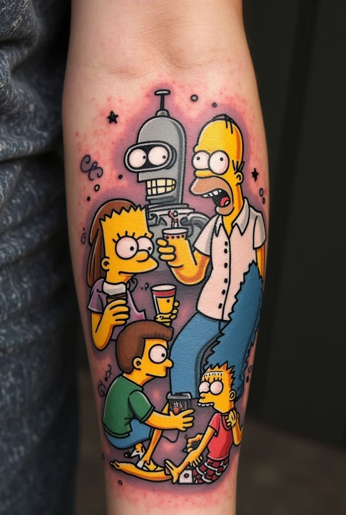 Tattoo design on leg with characters from The Simpsons, The Lord of the rings, Billy y Mandy, Shaggy Scooby-Doo, mixed style of cartoony and realistic, where the characters interact with each other”.