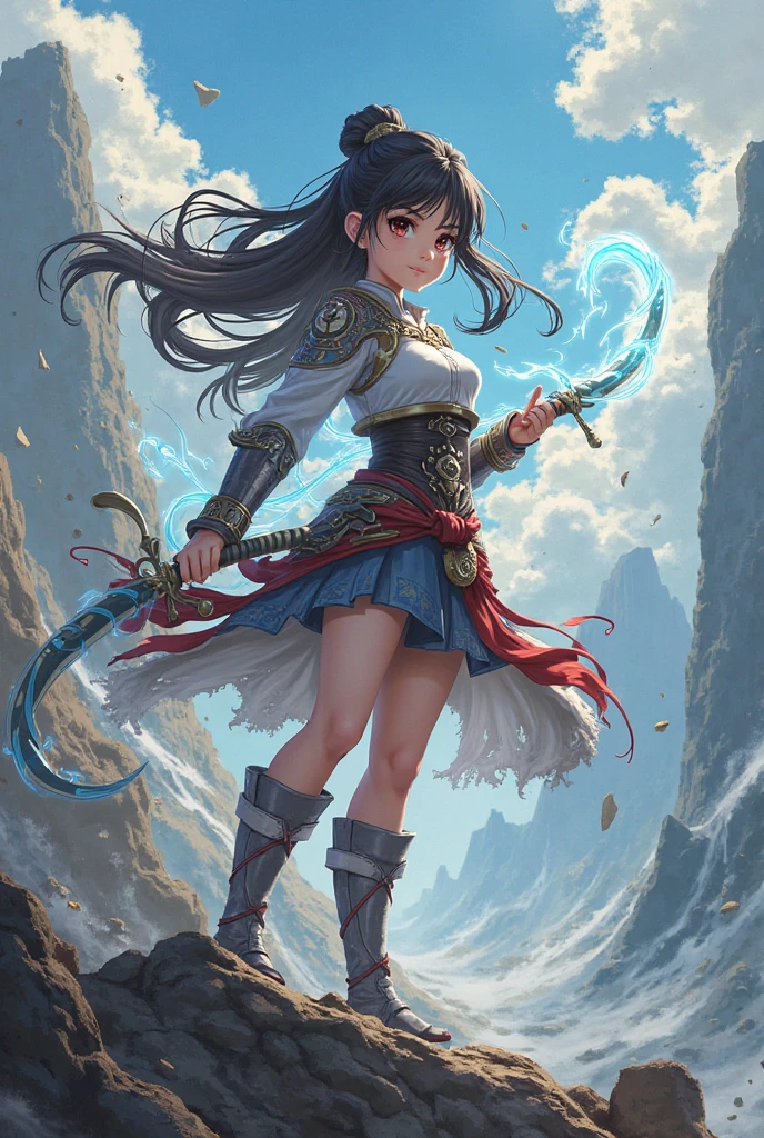 A woman with a sword and a red cloak stands on a mountain, 2. 5 d cgi Anime fantasy artwork, Anime fantasy artwork, Anime Fantasy Illustration, anime epic artwork, Ross Painting 1. 0, Ross Painting 2. 0, Digital 2D fantasy art, Advanced digital animation art, Rosdrus Sakimichan, Detailed digital animation art