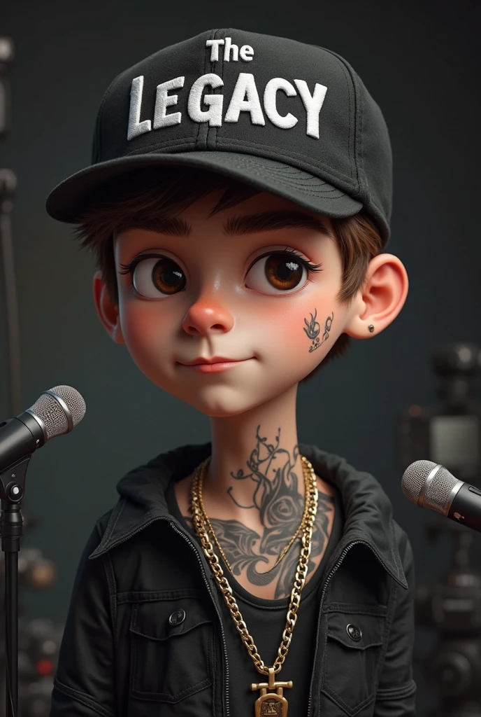 Jovem com cabelo loiro ondulado, piercing de argola preta no nariz, olhos castanhos, left arm tattooed in black and white, black leather pants, bora coturno e blusa de oncinha.