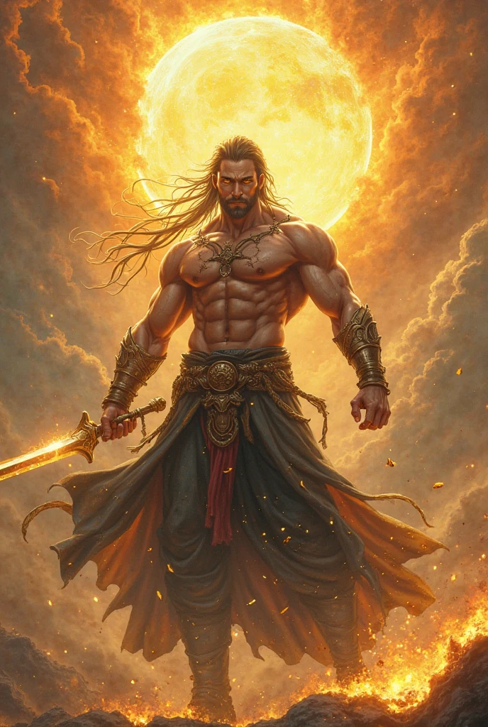 A man with a dagger on his right hand, and bible on his left hand, as a shield his eyes were shining , his body was surrounded with light