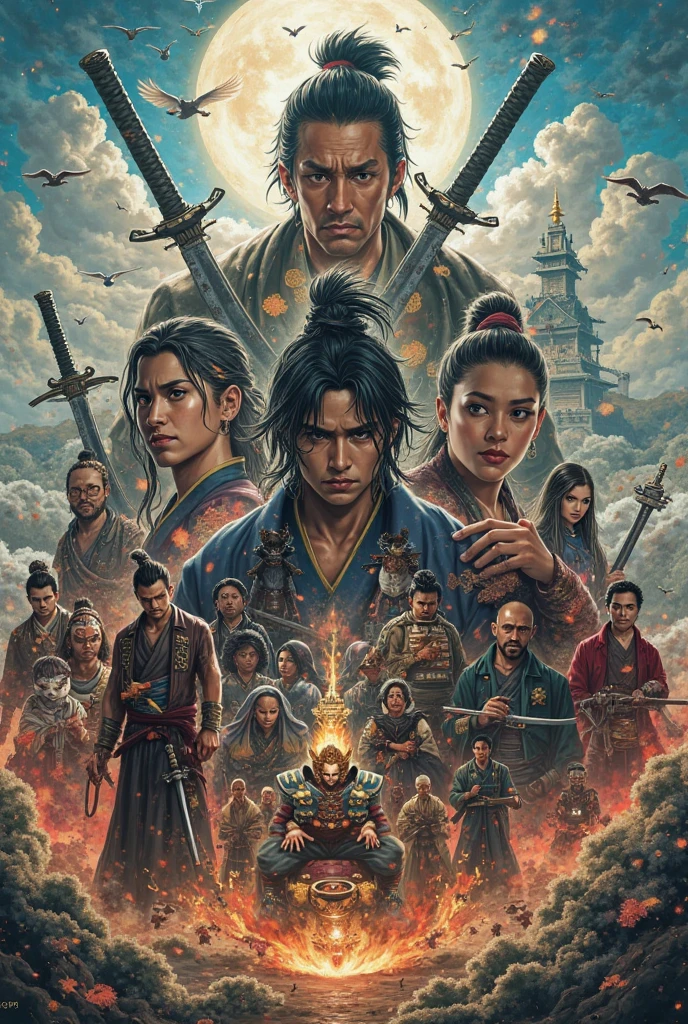 An Asian man with black hair and red eyes with a bleeding head, protecting three people behind him