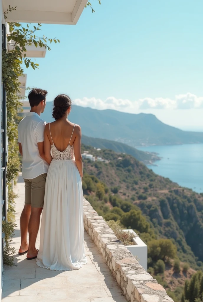 Can you use the faces of the couple above to create a digital painting of a couple sitting on a veranda, overlooking the ocean next to the mountains?