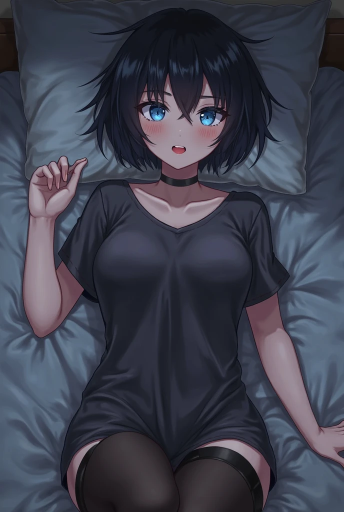 [(Beautiful young girl) (short black hair) (blue eyes) (flat chest)]  ([high Definition] [correct anatomy]): (laying)  (in the night) (inside of a  tent house) (wearing a short) (wearing a open jacket)  (night time)