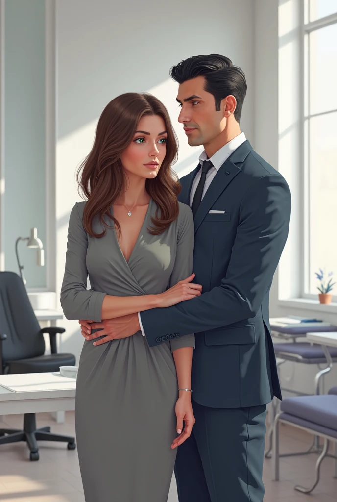 The male protagonist talks with a woman with black long hair professional clothes, the woman smiles and the picture is pleasant, in five luxurious offices