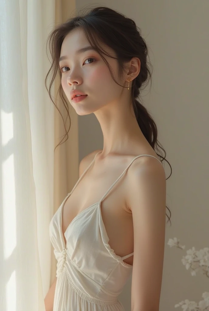 detailed background, masterpiece, best quality, 1 person , curly hair, long hair, purple eyes, star in eye , skin color  Strapless blouse, long  skirt, cute different poses, indoor wood furniture ,light wood color,, upper body 