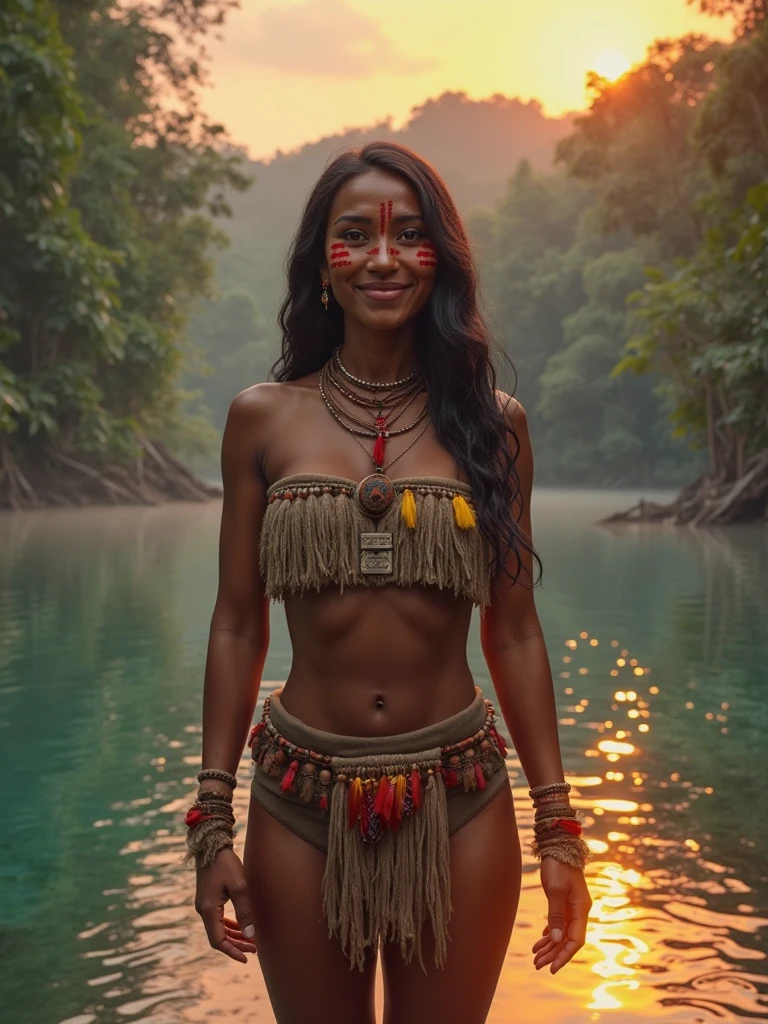 ((uma foto de corpo inteiro, corpo lindo)), (chuva 16k), (dark ilumination) ((40-year-old indigenous native)), (indigena, Tribal,) textura natural da pele, (sardas). 24 mm, Texturas 4k, contra a luz, pele suja, ((Pernas lindas)), soft Cinematic Light, Adobe Lightroom, photolab, leve sorriso, boca fechada, (rosto extremamente perfeito), (rosto com rugas e pintas), (pintura tribal na pele), cabelos castanho claro, ((roupa de couro escura)), ((Coxas Fortes)), (chuva detalhada), obra-prima, (belos olhos castanhos claros detalhados: 1.1), brilho nos olhos, wonderful eyelashes, (painted fingernails), melhor qualidade, (particles in the air), (Detailed lighting: 1.2), (breasts covered in indigenous ink, majo: 1.3), ((roupas tribal)), ((decote profundo)), seios perfeitos, (mamilos marcantes), (cintura perfeita)), (Chuva fina)), intrincado, foco nítido, fim do mundo, epic realistic, (HDR:1.4), (cores silenciadas:1.4), cores neutras, noite, refractions of screen space, (detalhes intrincados, hiperdetalhados:1.3), Cinematographic photo, vinheta, (Fundo cabanas indigens), cores escuras, Sombras profundas, Desfoque 1.6