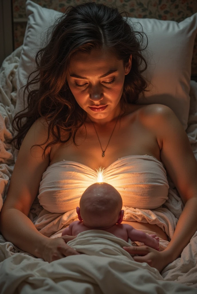 A stunning portrait of Trinity giving birth to Neo’s baby in Zion, she is actively giving birth, the baby’s head is stretching her birth canal, she has very short dark hair 