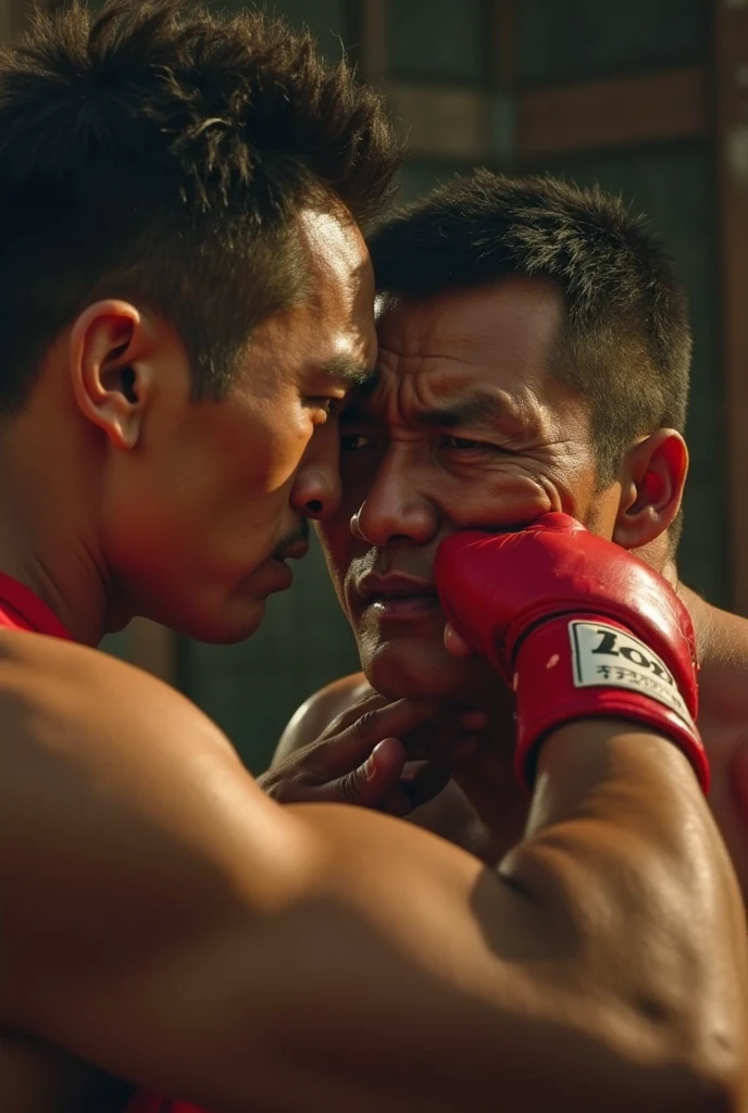 first person view, 8k, martial arts championship, against a Japanese woman in a Black kimono, attacking his face, showing hatred with his teeth clenched, strong and defined abdomen and chest, closed fist, realistic, adrenaline, emotion, first person view! Tattoo text:Rodrigão