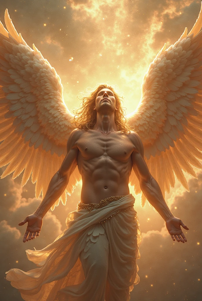 a painting of an angel man, with a beautiful face,((muscular man body, Sculptural body, strong,shapely and muscular legs)), ((archangel michael)), ((with several huge wings)), ((Angel wings)), Various positions, Full body man, Frank Kelly Freas, Estilo Karol Bak, Best Quality,32k ultra quality, parade paper quality, movie image,  Classic 8K