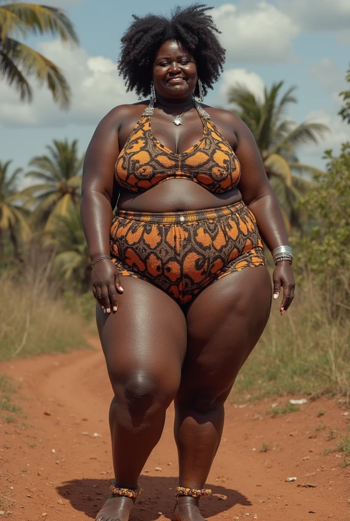 Plus size model, bloated belly, bbw African woman, bikini, sweating