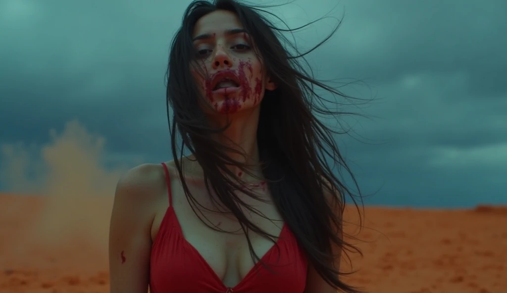 Young woman, ruined city, blood on body, naked, tits, breast, underpants, lace underwear