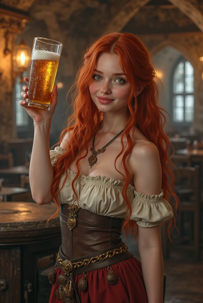 Maece is a beautiful female barmaid, red curly hair, in the style of Dungeons and Dragons, high detail serving wench outfit, high detail face, high detail skin, mature perfect body, (perfect proportions), Heavy Metal aesthetic, high fantasy medieval tavern background, high quality, masterpiece, realistic photo, intricately detailed, 8k, HDR, shallow depth of field, wide light, high contrast, backlight, light flares, sharp focus, RAW color photo, looking at the camera, cool colors, various poses