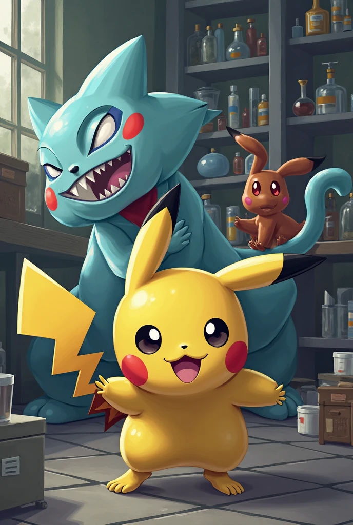 "Create an image featuring the Pokémon Mewtwo and Mew in a high-tech, laboratory setting. Mewtwo is in the foreground, emanating a powerful aura, while Mew hovers nearby, surrounded by a soft, glowing light. In the background, various scientific equipment, test tubes, and monitors display chemical formulas and data. A Poké Ball is prominently placed on a lab table, partially open with a soft light shining from within. The atmosphere is intense, with a focus on the advanced technology and the mysterious bond between Mewtwo and Mew."