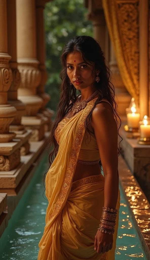 Gorgeous Indian woman, 8k, ultra-high resolution. Realistic body textures with a curvy figure. Beautiful, glowing skin, detailed makeup with long eyelashes. New hairstyle, colorful dress. Cinematic, high-contrast photo with a mysterious backdrop.