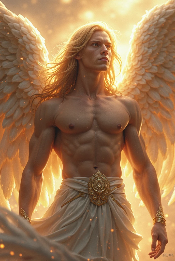 Create a portrait of Gabriels, a celestial and regal figure. He has long, platinum curly hair that flows elegantly. His toned, athletic body and silky smooth skin emphasize his divine nature. His striking gold eyes are both captivating and intense. Add a beauty mark on the right side, just below his lip. Gabriels' posture is commanding and graceful, exuding an aura of majesty and otherworldly power. The background should reflect a celestial or divine setting to highlight his ethereal presence.