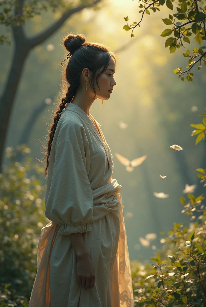 Under the starlit epic fantasy sky, a radiant young woman, around 20 years old, stands elegantly under an ancient, moonlit tree. She wears a pristine white suit, her head tilted back, gazing upwards. A single, golden leaf floats down, catching her attention as she gracefully reaches out to catch it. Her expression is thoughtful, tinged with a touch of melancholy. The cinematic matte art captures the enchanting moment, with the moonlight casting long, dramatic shadows and the tree's silhouette standing tall against the night sky. epic fantasy art, cinematic matte