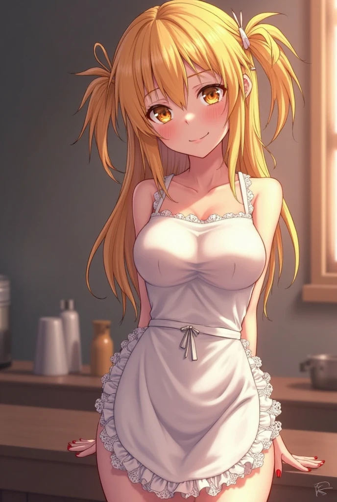 blonde hair, tanned skin, masterpiece, perfect generation, very high resolution, perfect face, magnificent body, round breasts, hot girl with cat ears and tail wearing a tiny white apron