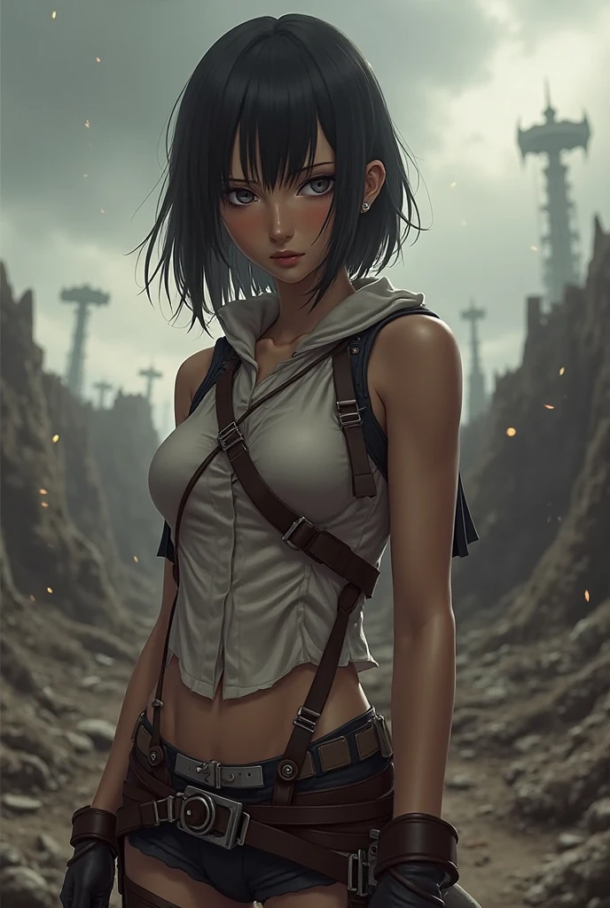 Amidst the desolate expanse of a post-apocalyptic wasteland, a lone figure stands, her silhouette etched against the bleak sunset. Her once radiant skin now bears the scars of time and hardship, marked with grime and the remnants of a sun-bleachedworld. Her long, wild hair frames her determined face, her piercing blue eyes piercing through the smoky haze.
Her outfit, a tattered ensemble of rough fabric and worn leather, clings to her slender frame - an incongruous sight in the wasteland's desolation. The grit and grime of the world have etched fine lines
