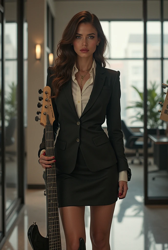 balalaica, masterpiece, Best Quality, absurdities, 1 girl, looking at the viewer, inside, Office, Sunset, Serious, Crossed arms, chair, Session, Red suit, tube skirt, shackles, (burn scar:1.5), mole under the eye, Upper part of the body