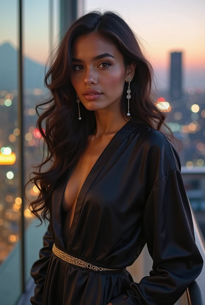 A beautiful South American woman with long black wavy hair, wearing a sari blanc with a deep neckline, standing on top of a skyscraper gazing at the stunning cityscape view, (best quality,4k,8k,highres,masterpiece:1.2),ultra-detailed,(realistic,photorealistic,photo-realistic:1.37),extremely detailed eyes and face,longeyelashes,beautiful detailed eyes,beautiful detailed lips,1girl,intricate details,cinematic lighting,dramatic lighting,warm colors,vibrant colors,volumetric lighting,hyper detailed