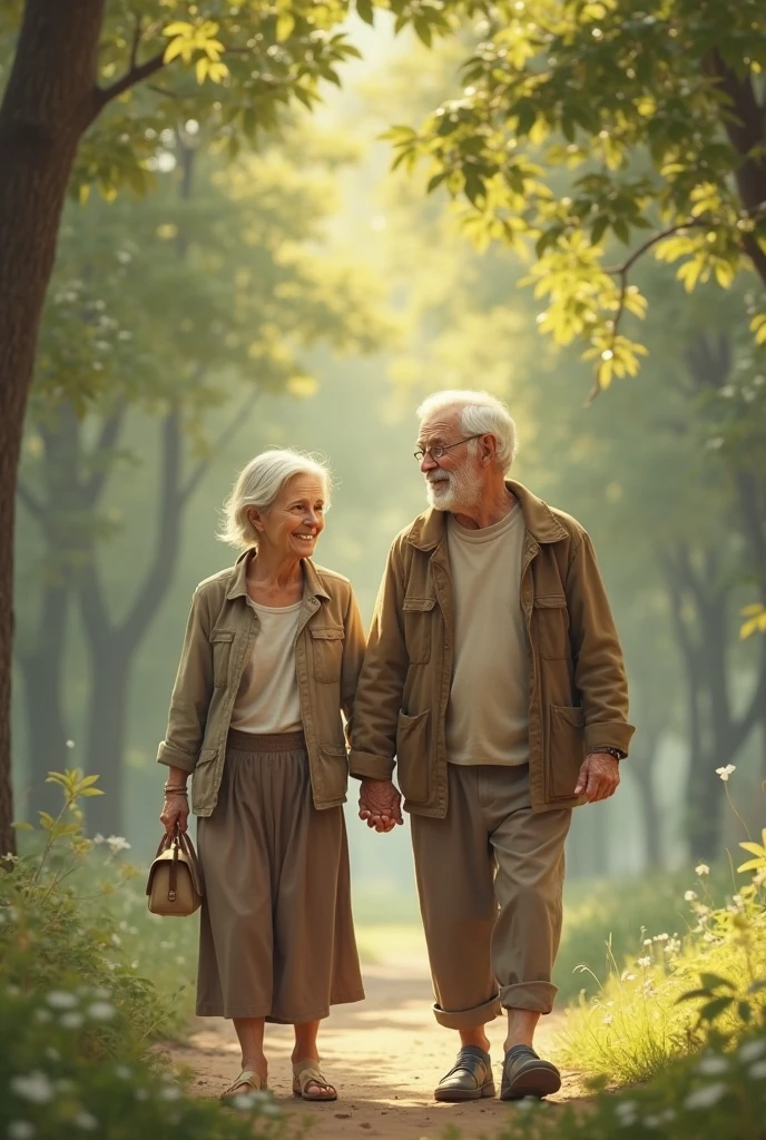 An elderly couple, a short cute elderly woman, short wavy gray hair, wearing glasses, in summer clothes, walking next to a light brown elderly man, tall, strong and bald. Walking hand in hand with her grandson, a 3--old , with light tanned skin, short curly hair, round brown eyes. Walking on a trail in the forest., toon, estilo pixar, 3d, desenhos animados, rosto detalhado, asymmetrical 16k