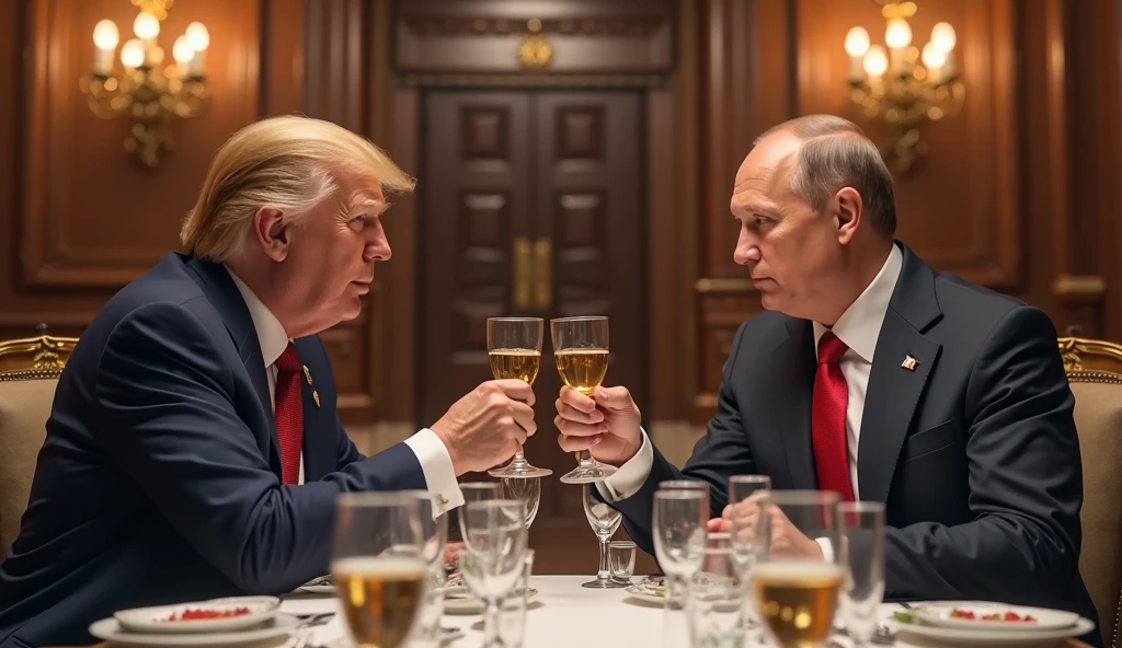 Putin and Donald Trump drink together at a party and make a salfy