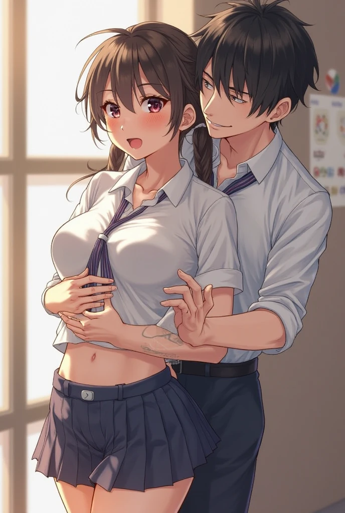 1girl, crawl position, from behind, 1boy, Doggystyle, (1girl,bangs, black hair, small ponytail with red ribbon, short hair, brown eyes, collared shirt, long sleeve white shirt buttons, unbuttoned shirt, open shirt, medium breast, nipples, pink nipples, short skirt ,breastgrope from behind, vagina, cum inside , creampie, vagina insert by , cute, open mouth, blush)(1boy, crawling, buzzcut, naked, boy touching girl chest,chestgrope from behind,muscular,edroom, white bedsheets, indoors, night, lamp, from behind, thrusting