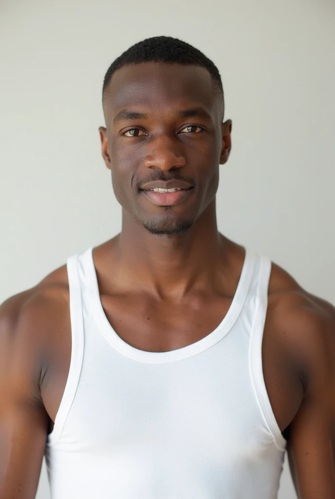 "Young ebony man, slim with broad shoulders, casual clothes, no facial hair, all natural."
