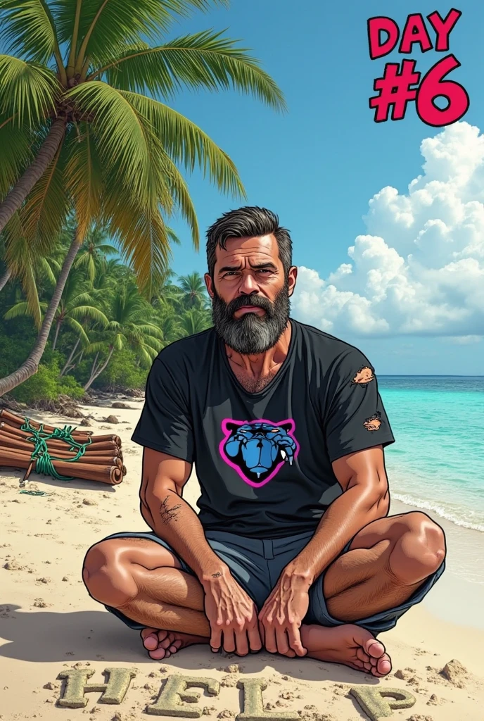 Strong bearded and hairy mixed race man, smiling, with a fun shark head costume covering his head, with white underwear written in capital letters “MOCANO” in large letters on the elastic of the underwear.
