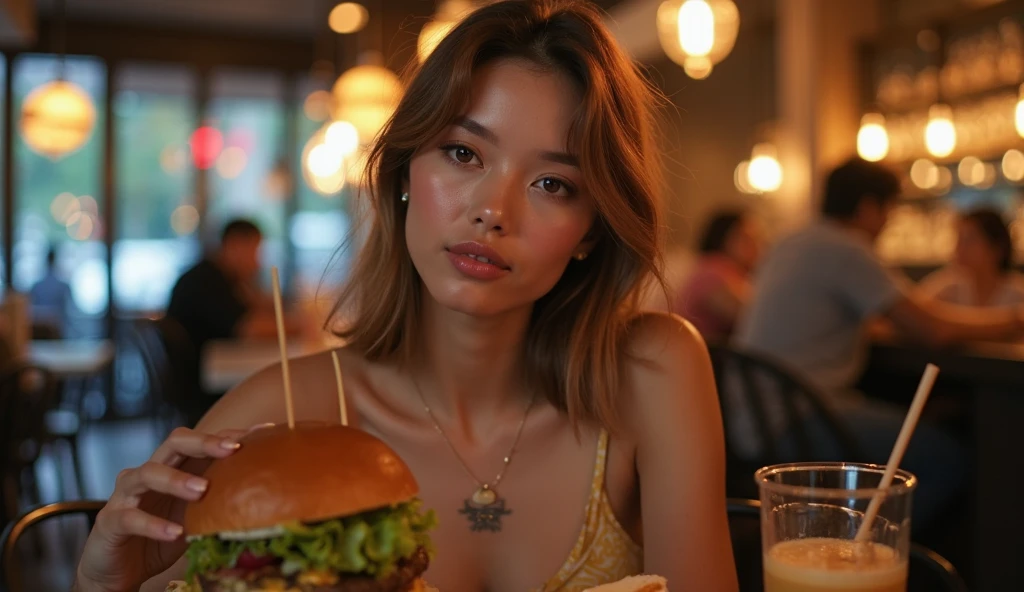 ((best quality)), ((masterpiece)), (detailed), perfect face super detailed face super detailed eyes , yellow micro mini bikini , curvy body , cafe eating big beef meet