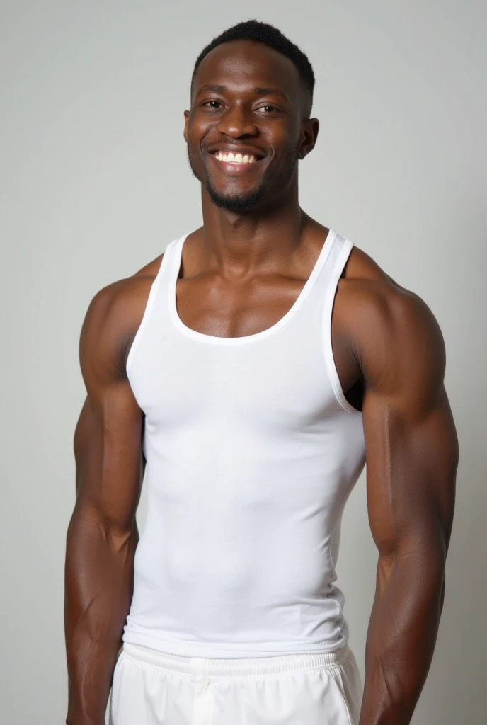 (white singlet), (((1 man, black man))), (arms behind back:1.1),(realistic:1.7),((best quality)), High detail RAW color Photo, ((upper body shot, upper body only)), (((passport photo, white background))), ((smile, happy, laugh)), masculine, symmetrical, highly detailed, skin pores, skin imperfections, high detail hair, sharp body, detailed body, highly detailed face, perfect lighting, shadows, sharp focus, 8k high definition, insanely detailed, intricate, masterpiece, highest quality