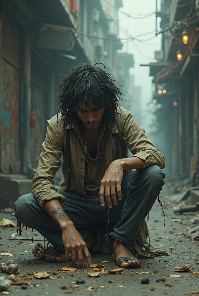 A dystopian future in Colombia where AIs win and there are few natural resources left. A 35-year-old HUMAN MAN, has brown eyes, long and angular face, black fur, tez morena. Wear a worn-out, snug-fitting pajama that covers their skin.. She has a devastated face
