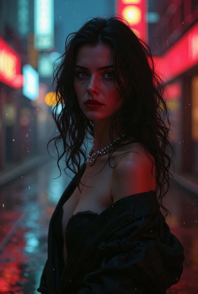 a beautiful girl with gorgeous blue eyes glowing with magic, gothic makeup, large breasts, open clothing, white shirt, black mini skirt, rain, wet clothing, street, night, cinematic lighting, dramatic pose, gorgeous detailed face, intricate details, masterpiece, photorealistic, 8k, highly detailed