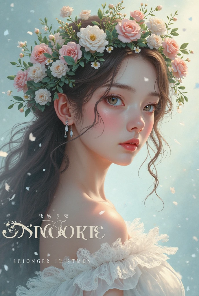 A chinese girl wet face with gray eyes with a dark brown bob hair, wearing white lace dress, natural big breast. in the dark tropical dense forest. Sitting on the groun. On her chest is a tattoo that says "AGUS"