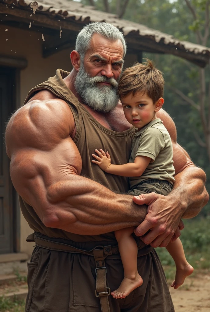 2boys, A handsome mature old indian dad with a massive beard and no shirt standing in front of a door,bald head,hyper muscular, pumped, roids, huge pecs, arms, biceps, shoulders, male focus, centered, tan skin, dom, ((size difference, hug from behind)), meticulous muscle definition, detailed face, big sexual energy, (60 years old)