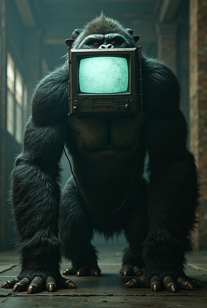 A furry tv head which is black and is buff