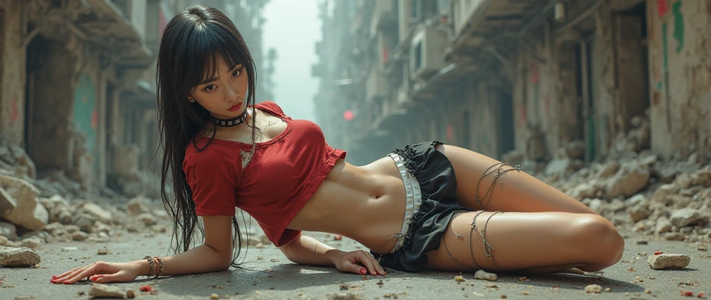 Garbage heap scene (1:4), Resident Evil, Best Quality, Full Body Portrait (1:1), Delicate Face, 18-year-old girl, slim slender body, skinny, smaller bust, pink, broken bikini, looming, panties to crotch, barefoot, garbage (7:1), sweat (5:1), sloppy, white viscous liquid (5:1)