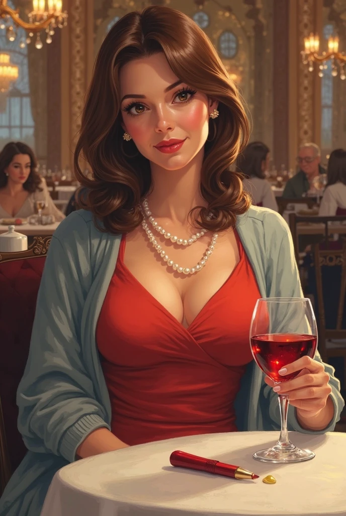 20 years old woman, Short brown hair, Mediterranean with blue eyes, Generous and heavy breasts, slender waist, definition of l&#39;estomac, fesses rebondies et pulpeuses, naturally curved, muscular thighs, aguicheuse , blue eye, lunettes, assise dans un restaurant, red mini Skirt, off shoulder top, at night 