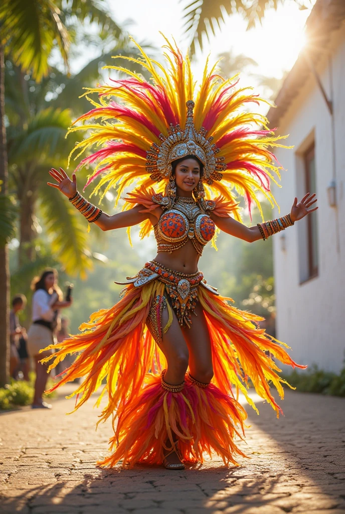 Beautiful Cherokee Indian woman with beautiful terracotta colored headdresses, blackw, doradas, cobre, Pearl, white and beige, feathers made of bright neon of various colors, flares on camera, bokeh, full moon night
