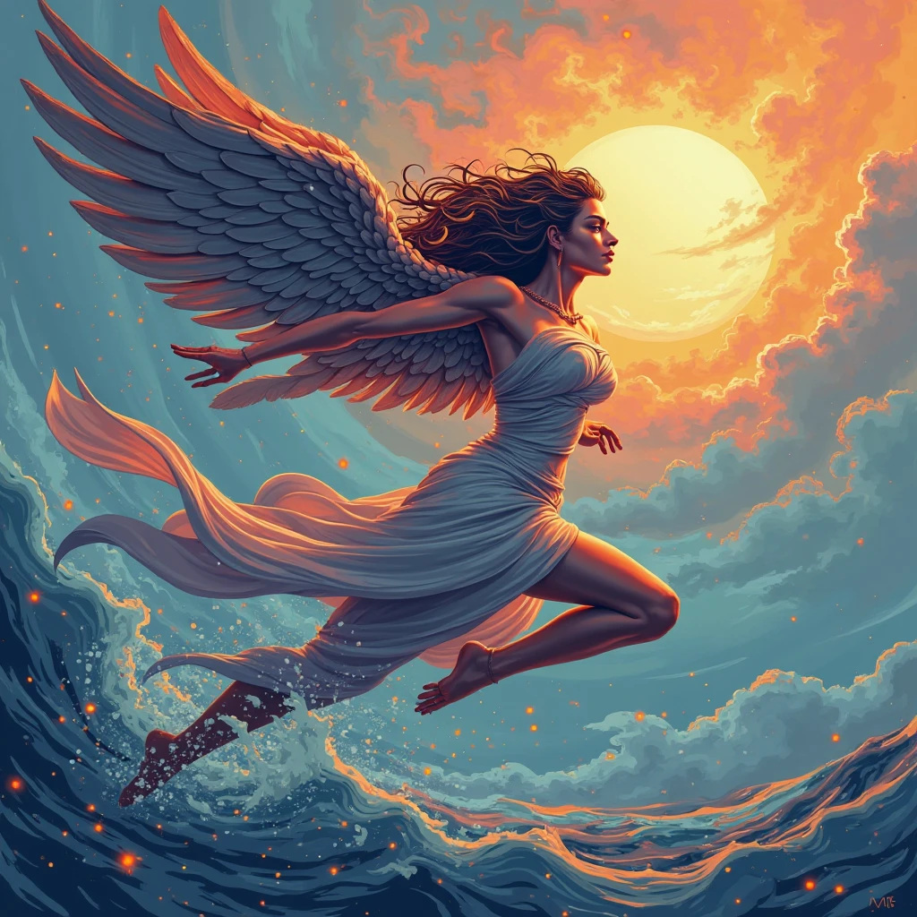 Amid the roar of the waves, the angel with outstretched wings stands against the backdrop of a magnificent natural landscape. Clouds envelop him, the light of the morning sun illuminates his skin --auto --s2