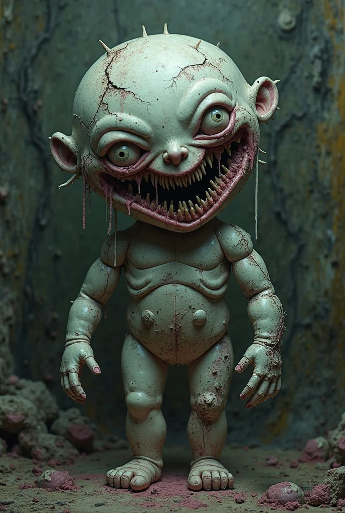 a child with black eyes without corneas, mouth with sharp teeth sticking out body covered in brown liquid, tentacles coming out of the cervical and hands with sharp claws, fictional horror