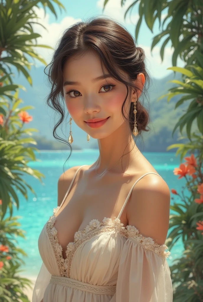 (Photorealism:1.2), beautiful girl, . She's long, Curly hair to the shoulders,Both cheeks are covered with hair. １７The year-old girl smiles shyly,The background is an elegant seaside lounge,Ultra-detailed and super-fine skin and face,She is wearing a beautiful, fluffy floral dress that is super intricate and detailed.,