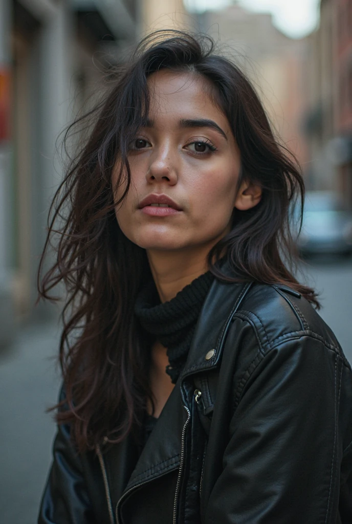 City street, neon, fog, Volume, close-up portrait photo of a young woman in dark clothes,sexy smile,Beautiful face,clear eyes