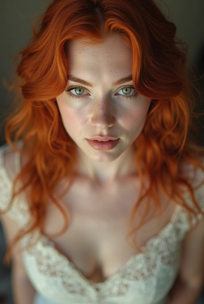 gorgeous woman, redheadwear, looking 2 in a photo in his room.