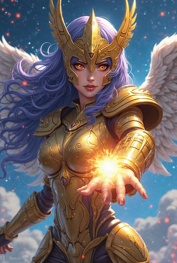 masterpiece, best quality, masterpiece, godlike quality, godlike art, highly detailed face, 1woman, digital illustration of Thundra, the Asgardian hero, standing confidently in her dark blue/purple armor with gold trim inspired by Jack Kirby's designs. blonde hair. Capture the essence of her power as she commands thunder and lightning, with her cape resembling a star field. Include the (((Norse helm with gold wings))) and showcase her right hand covered in a heavy armored glove. cosmic background. deep v neck. stern expression, (best quality), (masterpiece), realistic, sharp, 8k, (helmet), (purple armor), valkyrie, (full body), pretty face, (blue eyes), (((left hand glove))), (((Armored left hand))), bare right hand, star pattern, good hands, detailed hands. (((full helmet))), (((Helmet that covers the head with nose guard)))
