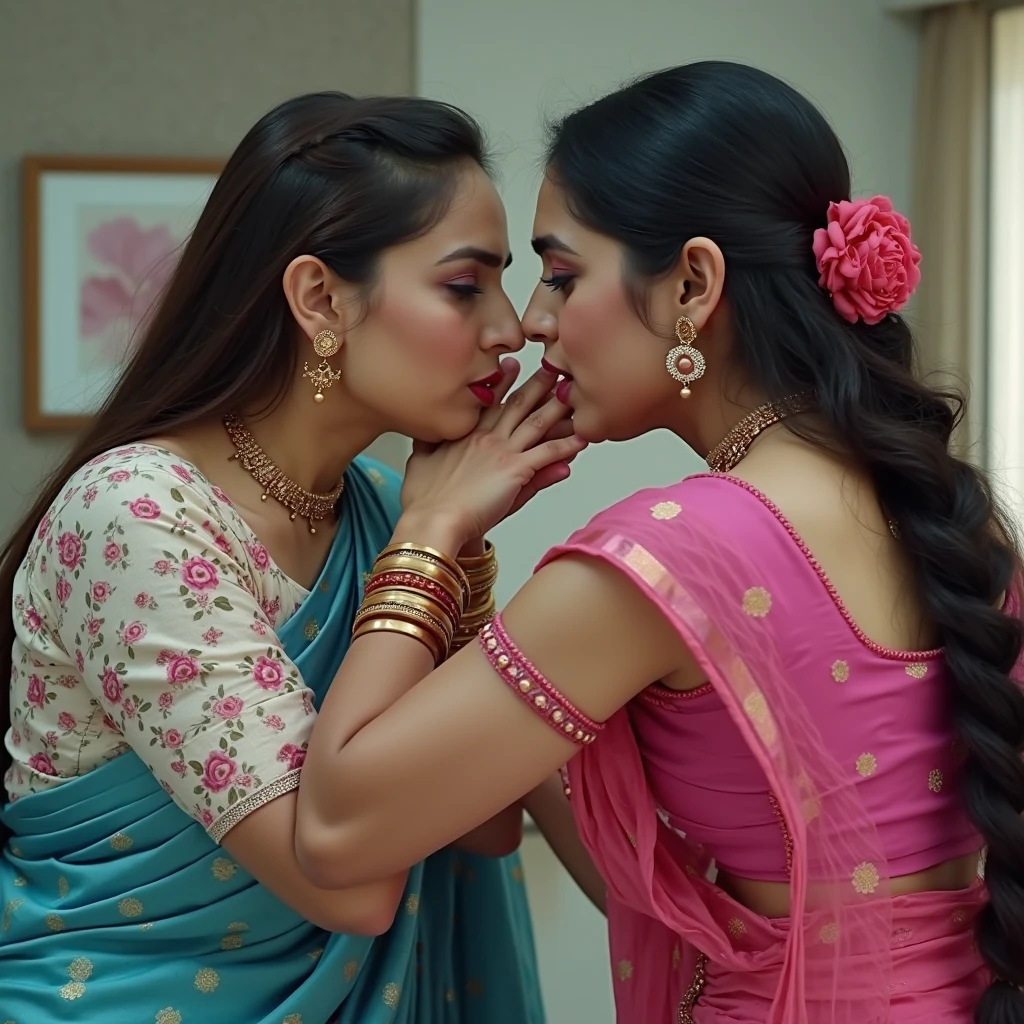 Indian woman in green saree and matching quarter sleeve deep neck blouse fighting with another woman in red saree and matching deep neck blouse with hair tied in pony in bedroom.